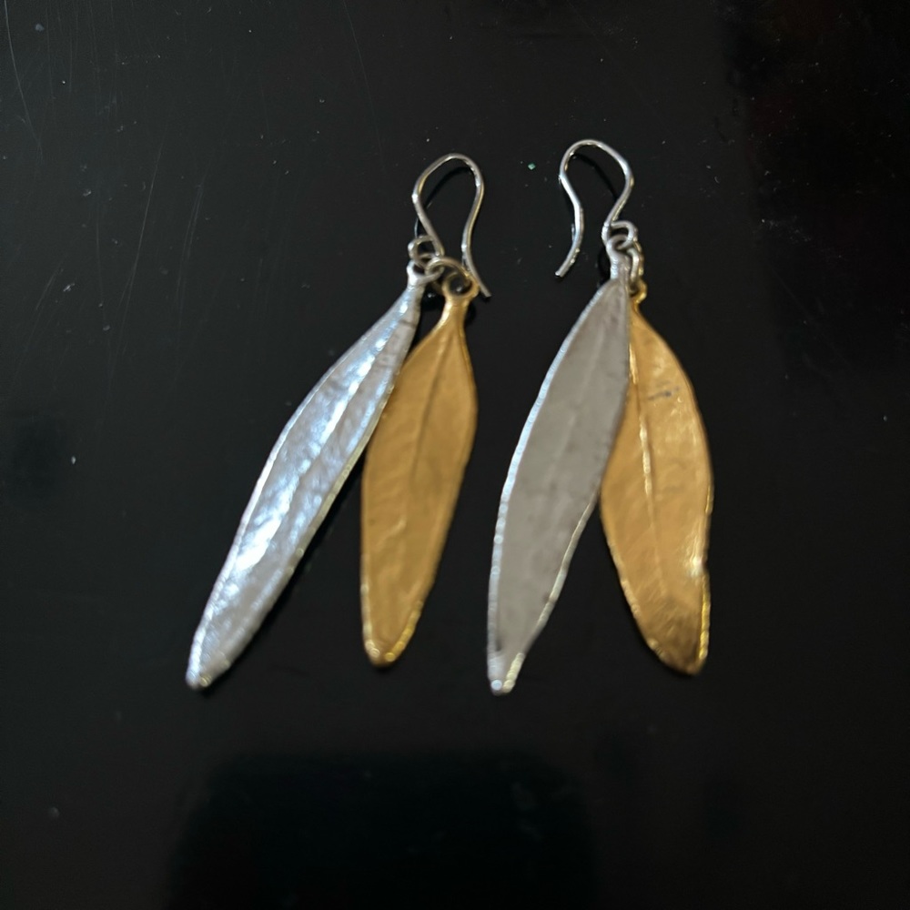 Gold and Silver Feather Motif Earrings Metal